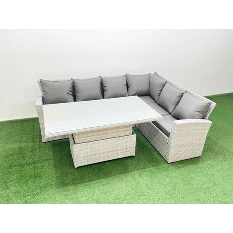 Fimous 6 Seat Rattan Garden Furniture Corner Sofa Set Outdoor Adjustable Lifting Dining or Coffee Table Set Light Grey (1/4)
