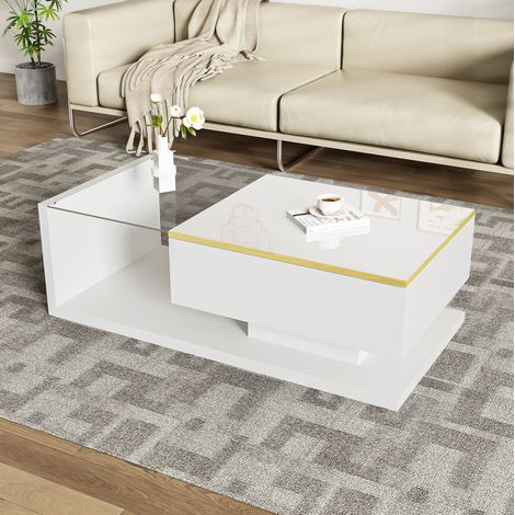 Couchtisch 100 x 50 x 32,5 cm Weiß Hochglanz mit offenem Stauraum, Hartglas, LED MEUBLIV (1/5)