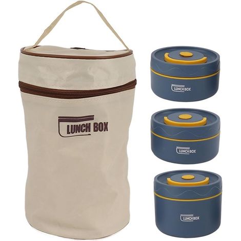 Boîte à lunch isotherme 3 couches en acier inoxydable 1480 ml, étanche sous vide, avec sac à lunch, pour bureau, pique-nique et repas chauds, bleu (1/5)