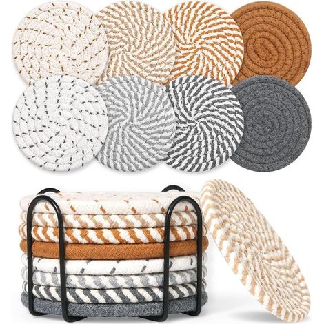 Posavasos con soporte - Posavasos de algodón tejido - Absorbentes - 11 cm - Para proteger la mesa - 8 piezas - Serie de ocho colores surtidos (1/5)