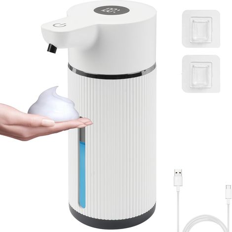 Distributeur automatique de savon mousse 420 ml - Distributeur de savon et lotion sans contact réglable (4 niveaux) - Rechargeable par USB - pour salle de bain, cuisine