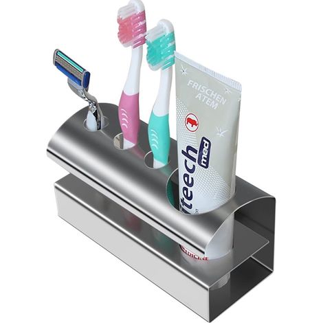 Porte-brosse à dents et tube de dentifrice - fixation murale pratique - en acier inoxydable (1/5)