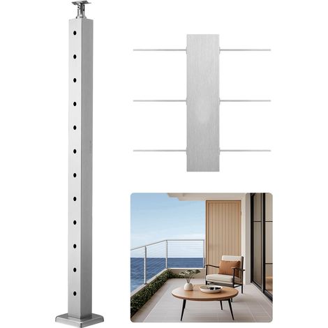 Poteau Garde Corps, 1067x50,8x50,8 mm, Poteau Rampe d'Escalier à Câble, Trous Horizontaux Pré-percés, Support Horizontal Incurvé, pour Main Courante, Balustrade, Argent, 1JZLGZXYS1061EF8W001V0 (1/5)