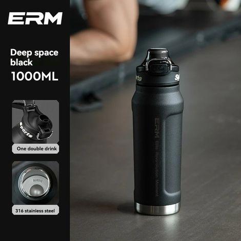 (Noir, 1000 ml) Bouteille d'eau isotherme pour boissons chaudes et froides, en acier inoxydable à double paroi, avec poignée de transport, adaptée au sport et aux activités de plein air. (1/4)
