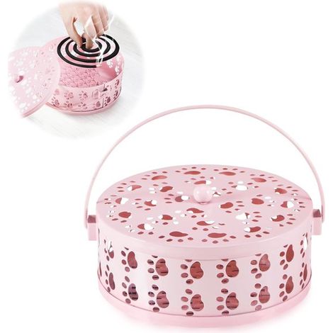 Juego de 2 porta inciensos en espiral rosas con huella de pata de gato – Cajas metálicas seguras y portátiles con ventilación y asa. (1/5)