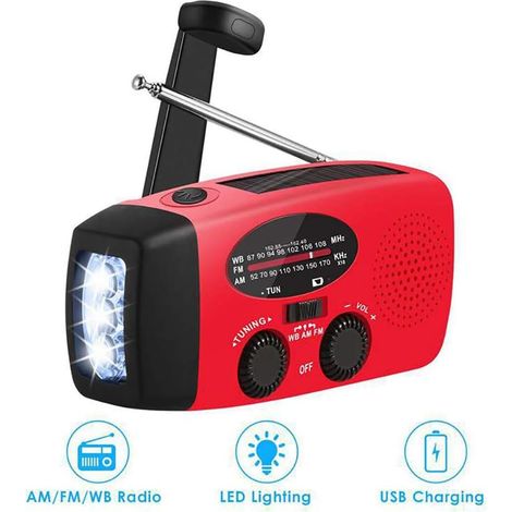 Radio solaire à manivelle, radio météo d'urgence AM/FM avec chargeur USB rechargeable et lampe torche intégrée. (1/3)