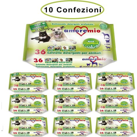 Amore mio salviette detergenti per cani gatti e cuccioli alla citronella 10 confezioni da 36 salviette