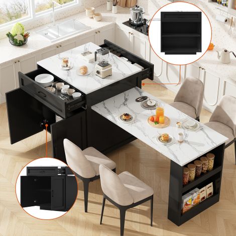 Îlot de cuisine noir extensible 98-204 × 70 × 93,5 cm avec tiroirs et compartiments de rangement, desserte mobile sur roulettes freinables, table multifonction pour 2 à 6 personnes (1/5)