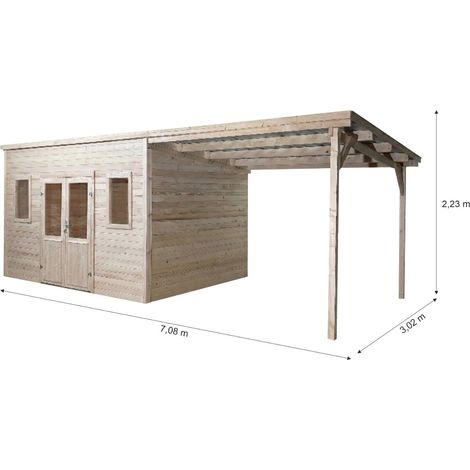 HABRITA Abri de jardin bois massif avec bûcher 10,25 m² - madriers 28 mm - toit plat acier - double porte vitrée sécurisée