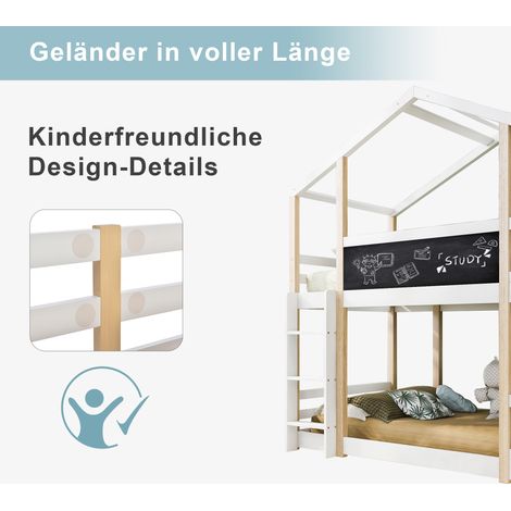 Lit enfant cabane en bois avec toboggan et échelle 90x200 cm, lit surélevé pour enfants – 2 sommiers inclus, naturel et blanc (1/5)