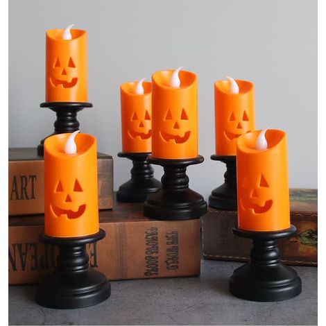 Lot de 6 bougeoirs citrouille d'Halloween, lanternes Jack-o'-lantern, bougeoirs à lumière vacillante réalistes pour décorations de fête (1/5)