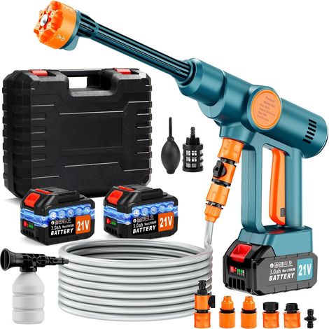 Nettoyeur Haute Pression sans Fil,Nettoyeur Haute Pression Portable avec 2 Batteries 3,0 Ah, Moteur sans Balais,Tuyau de 5 M,Buse 6 en 1 Nettoyeur Haute Pression pour Voiture, Jardin, Terrasse, Maison (1/5)