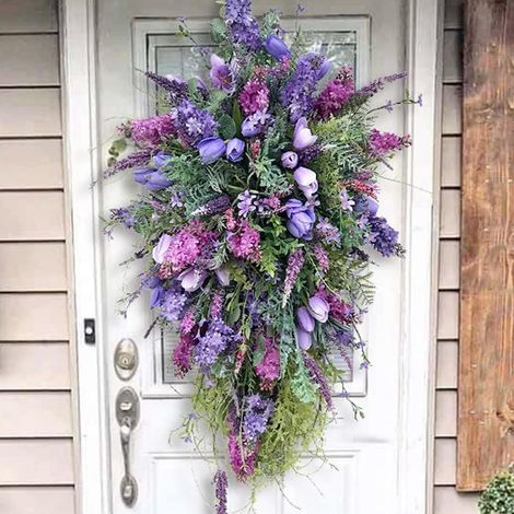 Couronne de fleurs violettes en forme de larme - Guirlande de tulipes artificielles et de lavande pour porte d'entrée, décoration printanière/estivale (1/5)