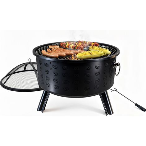 Relaxdays Feuerschale, HxØ 62 x 66 cm, mit Grillrost, Funkenschutz & Schürhaken, Feuerstelle Garten, Feuerkorb, schwarz