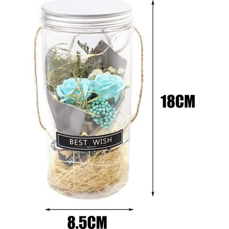 Lot 1 bouquet artisanal de fleurs séchées, roses éternelles parfumées, bouteille à vœux bleue avec lumière et boîte blanche, idéal cadeau Saint-Valentin. (1/4)