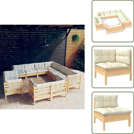 11-tlg. Garten-Lounge-Set mit Creme Kissen Massivholz Kiefer - Gartenzubehör - Lounge Set - Gartenmöbel - Rattan Möbel - Kiefernholzmöbel (1/5)