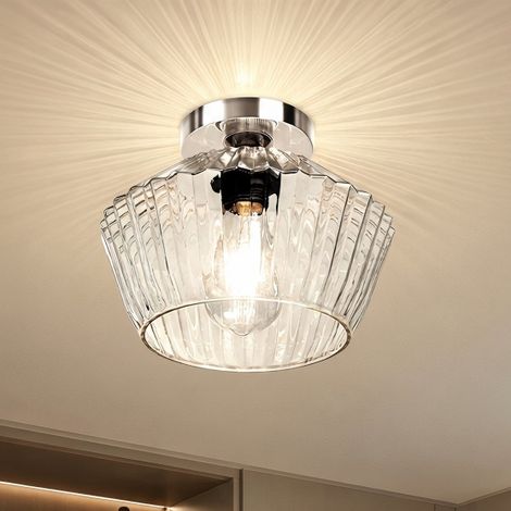 Plafonnier en verre E27, abat-jour transparent strié diamant 25x19 cm, sans ampoule, lampe de plafond entrée, couloir, chambre - Chromé (1/5)