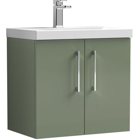 Nuie Arno Satin Green 600mm Wall Hung 2 Door Vanity Unit and Thin Edge Ceramic Basin - ARN823D (1/5)