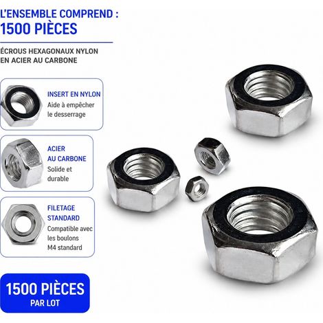 Ecrou Hexagonal M4 Acier Carbone Galvanise - Ecrou 4.8 Vis Boulon Raccord Filete - 1500 Pieces (1/5)