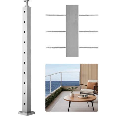 Poteau Garde Corps, 914x50,8x50,8 mm, Poteau Rampe d'Escalier à Câble, Trous Horizontaux Pré-percés, Support Horizontal Incurvé, pour Main Courante, Balustrade, Argent, 1JZLGZXYS91466KZK001V0 (1/5)