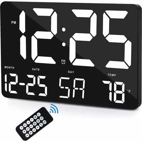 Uhr Digitaluhr, 12" große LED-Anzeige Digitale Wanduhr, Einstellbare Helligkeit, mit Tag und Datum, Innentemperatur, Schlummerfunktion, 12/24H, für Zuhause, Büro, Wohnzimmer - Schwarz Weiß