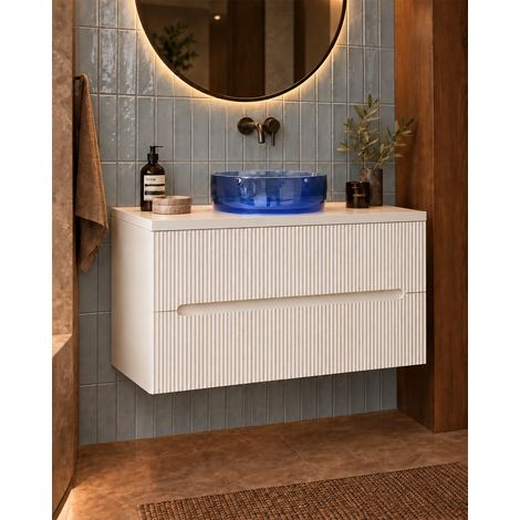 Mobile bagno bianco opaco 70x46 cannettato Ischia ciotola in resina blu (1/5)