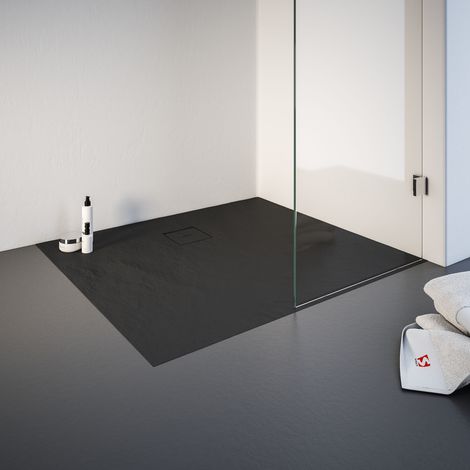 Receveur de douche 90 x 100 cm résine minérale de plain-pied, décor effet Pierre anthracite, Schulte