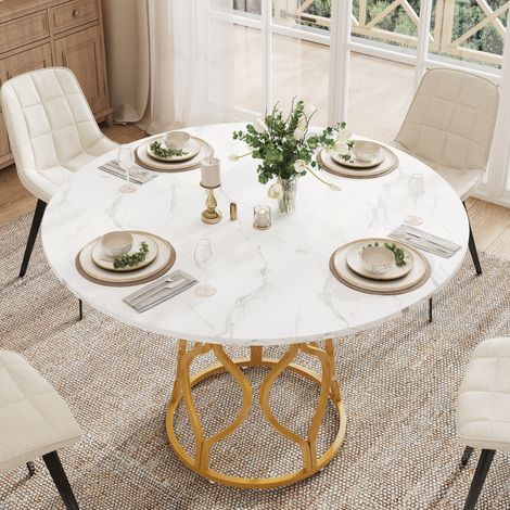 Table de salle à manger ronde 100x100x75 cm, table de cuisine pour 4 à 6 personnes avec espace de rangement intégré, plateau en MDF aspect marbre, structure métallique moderne, table de salle à manger (1/5)