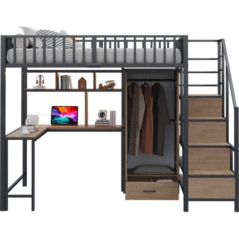 Lit mezzanine métal 140 x 200 cm avec bureau, étagères, armoire, tiroirs, LED et prises USB-C, noir, sécurisé pour chambre ado ou studio  CHICFURN (1/5)