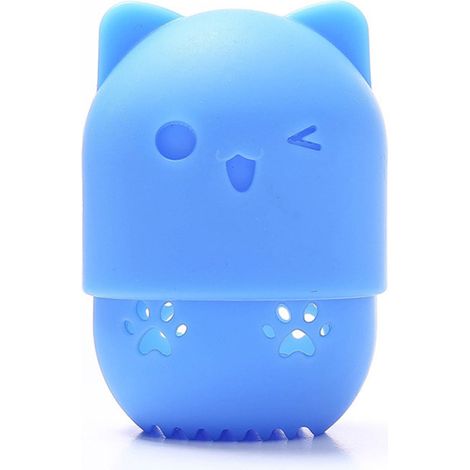 Caja de almacenamiento portátil de silicona con forma de gatito, de secado rápido, para esponjas de maquillaje, estuches protectores y accesorios de belleza (azul marino).
