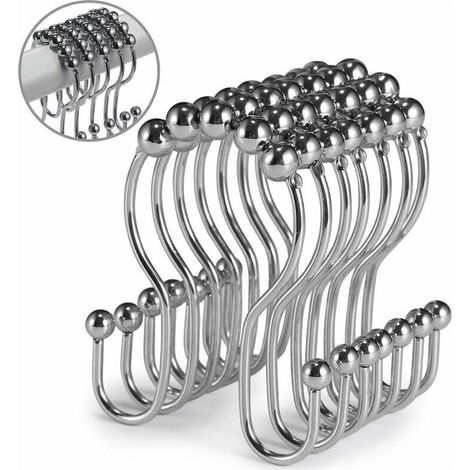 Crochets de rideau de douche, 12 pièces, anneaux de rideau de douche, rouleau en acier inoxydable, résistant à la rouille, double crochets de douche coulissants anti-chute pour rideaux de salle de bai (1/5)