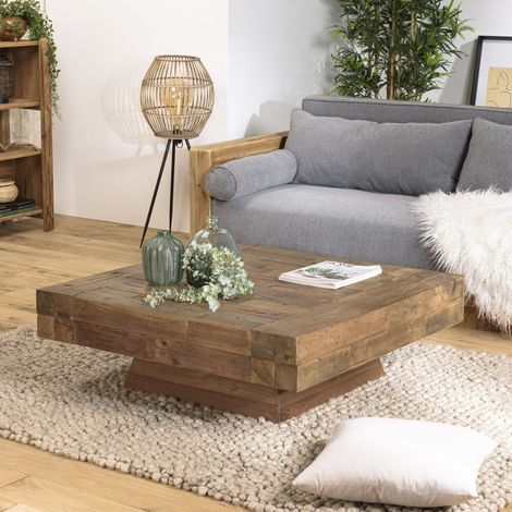 Macabane – Table basse carrée en teck recyclé 104.5x104.5x35 cm – Bois massif marron – Meuble monté avec pieds à visser – Écoresponsable (1/5)