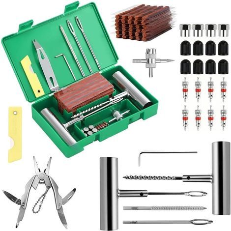 JSSEVN - Tire Plug Kit - Car Tire Repair Kit - Repairs in 15 Minutes - 58 Pieces, 24 Drill Bits, 2 T-Tools, Valves, Tube Cutter and Pliers (1/5)