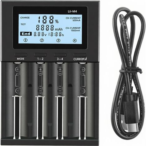 Chargeur de batterie intelligent rechargeable LII-M4 à 4 emplacements avec écran LCD pour batteries lithium NiMH AA/AAA 18650, 26650 et 14500. (1/3)