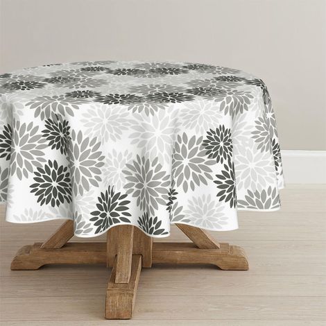 Nappe ronde 140 cm motif floral gris anti-taches polyester pour cuisine & fête