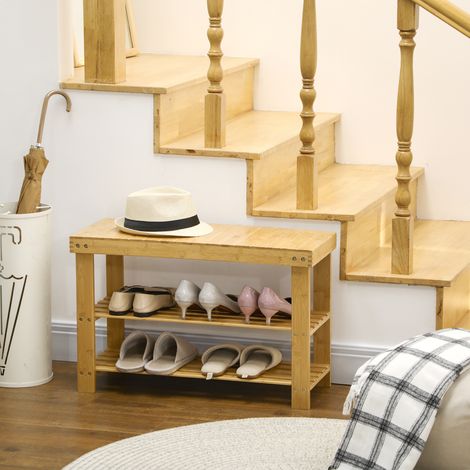 Banc à Chaussures en Bambou, Étagère à 3 Niveaux, Rangement pour Entrée, Bois Naturel, 70 x 28 x 45 cm (1/5)