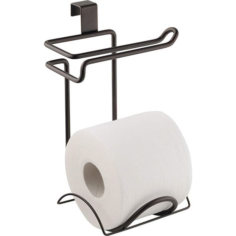 Soporte para papel higiénico de doble capa: estante de almacenamiento para papel higiénico de estilo gancho en color negro, no requiere perforaciones, adecuado para guardar papel higiénico en el baño. (1/3)
