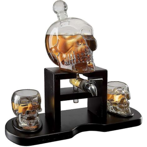Ensemble carafe à whisky et crâne (750 ml) avec 2 verres à shot en forme de crâne, socle en acajou et robinet décoratif. (1/5)