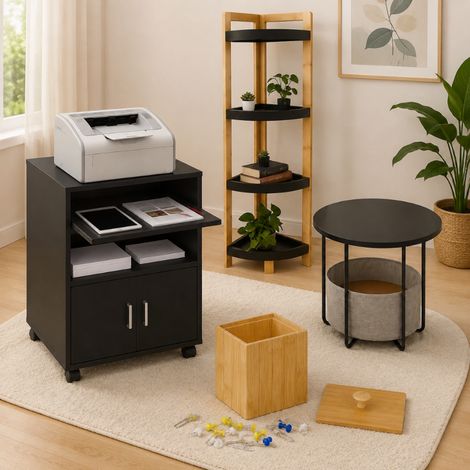 Conjunto compacto de almacenamiento para el hogar (3 piezas): mesa auxiliar redonda, caja de bambú y estante de esquina. (1/5)