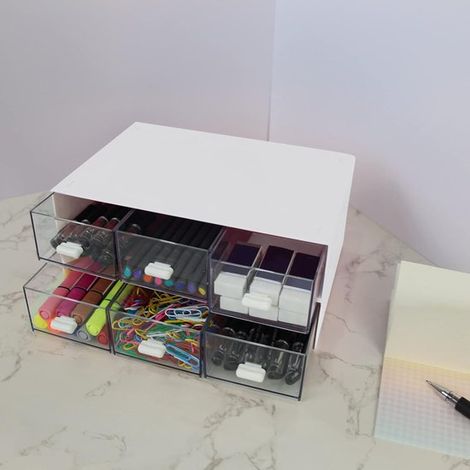 Organizador de escritorio，Organizador de escritorio blanco，Organizador de maquillaje blanco，Juego apilable de 2 (1/4)