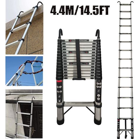 4.4M Telescopic Ladder with 2 Hooks 14.5FT Multi-Purpose Stainless Steel Sturdy