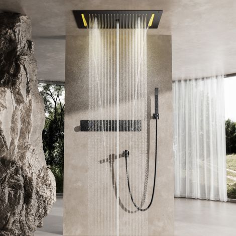 Duschsystem Mit Thermostat,Multifunktionale Schwarze Versteckte Dusche,700 X 380 Mm Große Kopfbrause Mit 12 LED-Leuchten Und Fünf Strahlarten,Mit Handbrause Und Unterem Auslauf