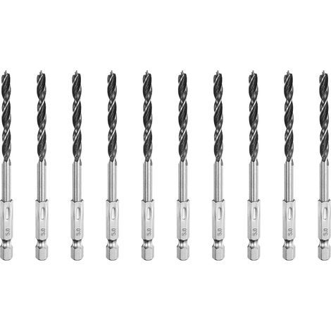 10pcs Set de Mèches à Bois Brad Point 1/5" Dia Acier à Haute Teneur en Carbone Mèches à Bois en Spirale avec Douille Hexagonale 1/4" pour le Perçage Composite MDF Contreplaqué (1/5)
