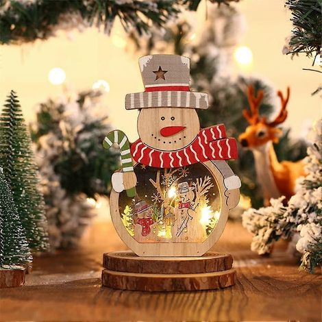 Décorations de Noël, Père Noël en bois, figurines de bonhommes de neige lumineuses à LED, décoration de table, bonhomme de neige (1/5)