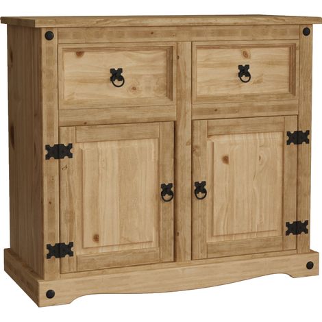 Home Discount – Buffet en pin massif 2 portes 2 tiroirs – Dimensions H 76 x L 86 x P 40 cm – Finition cirée vieillie – Style rustique avec clous en métal noir