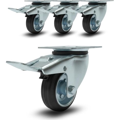 SET 4 RUOTE GIREVOLI CON FRENO 80 mm ROTELLE SILENZIOSE PIROETTANTI IN GOMMA, PER CARRELLO CARICHI PESANTI MOBILI,ELETTRODOMESTICI, BANCHI DA LAVORO