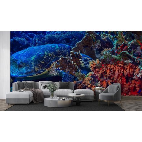 Papier peint animaux - tortue marine nageant près du récif - 150 x 250 cm (1/2)