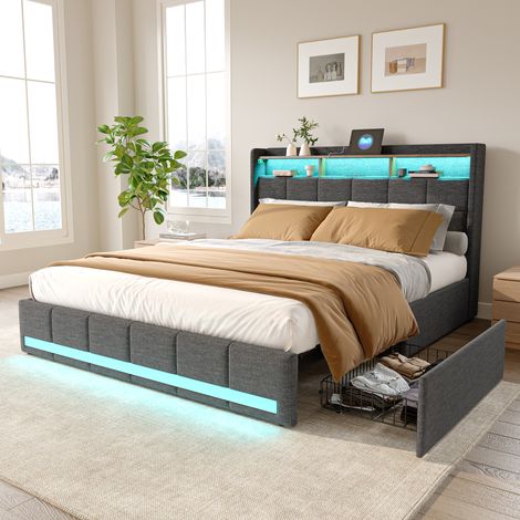 Lit coffre 140x200 avec 4 tiroirs, lit double rembourré avec led et port usb, cadre lits avec sommier à lattes, pour adultes et ados, gris lins (1/5)