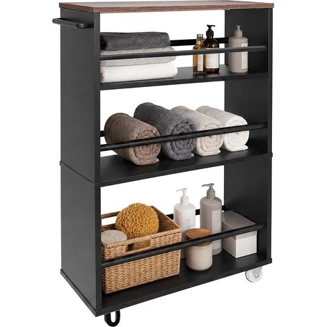 Relaxdays Nischenwagen, HBT: 80x15x45 cm, schmales Nischenregal Bad & Küche, 4 Ablagen, Rollregal Griff, schwarz-braun