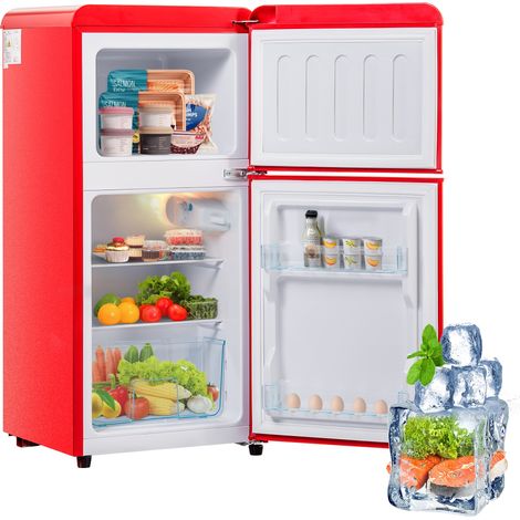 Réfrigérateur double porte 60 l, avec capacité de congélation 22 l, 02 kWh/an, -27°C ∽ 13°C, éclairage LED, style rétro, 88x45x42 cm - Rouge (1/5)